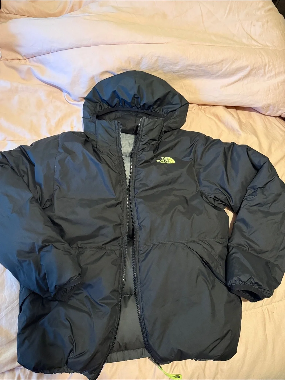 The North Face Black Puffer Jacket with Gray Shoulder Panels - Boys